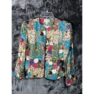 Vintage 80s Adrianna Papell silk 10 Petite Floral print puff shoulder jacket